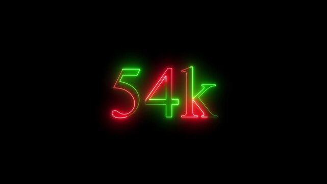  neon 54k animation on black background. 54k Followers Celebration text animation 4k motion video..