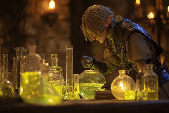 elf alchemist mixing glowing potions