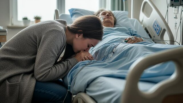 Young crying woman holding and kissing the hand of an unconscious senior patient lying in a hospital bed