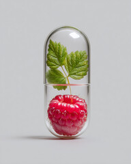 Raspberries with mint leaves in a glass capsule