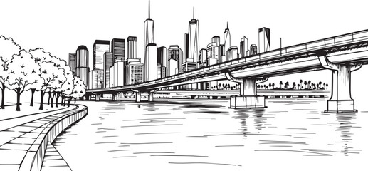 Fototapeta premium City landscape. Different buildings on street, outline cityscape hand sketch, flat houses. Hand drawn vector illustration