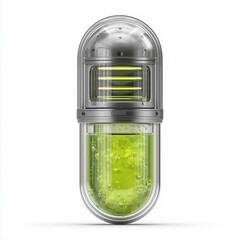 futuristic glass capsule with emerald translucent gel