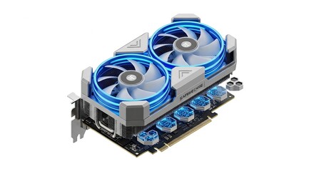 Modern Graphics Card with Blue LED Fans, Computer Hardware, Technology