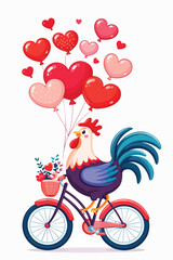 Obraz premium Rooster Riding Bicycle with Balloons Tied and Flowers in Basket Valentine Vector Illustration – Cute Romantic Chicken Character, Love and Celebration Theme, Playful Cartoon Style Artwork for Greeting 