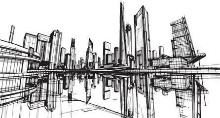 Obraz premium City landscape. Different buildings on street, outline cityscape hand sketch, flat houses. Hand drawn vector illustration