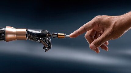 Naklejka premium A hand reaches out to touch a robotic finger in a setting showing digital links and artificial intelligence concepts