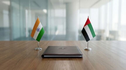 Miniature flags representing India and the United Arab Emirates flank a formal document folder awaiting signing on a polished wooden table.