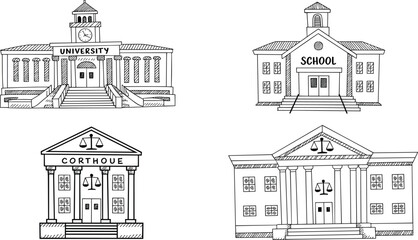 Hand drawn sketch set of academic and legal building icons including university school and courthouse architecture isolated on white background for educational law design © Sharon 