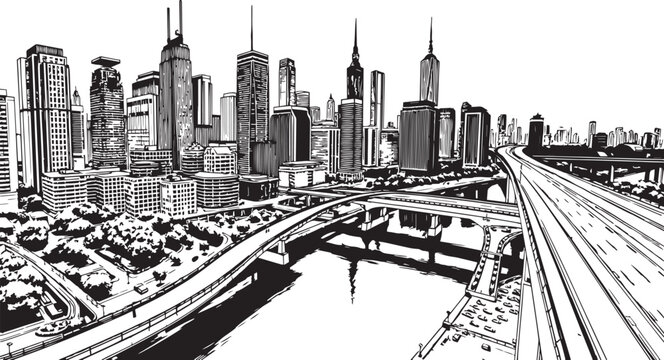 City landscape. Different buildings on street, outline cityscape hand sketch, flat houses. Hand drawn vector illustration