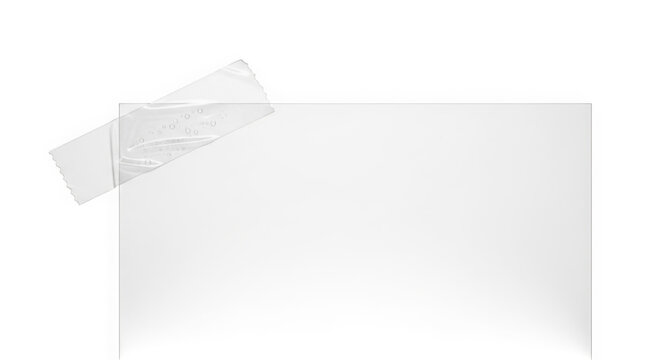 Taped clear plastic sheet on white square paper background  office supplies transparent background