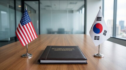Small table flags representing the United States and South Korea flank an important international agreement document on a wooden table surface.
