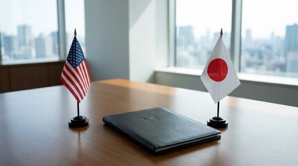 Miniature flags representing the United States and Japan flank a closed black leather portfolio resting on a polished wooden conference table.