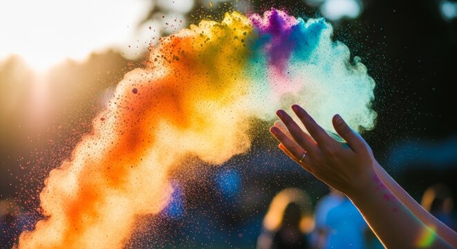Backlit hands throwing bright yellow and orange color powder against sunlight creating glowing effect for Indian Holi festival celebration and spiritual cultural holiday greeting.