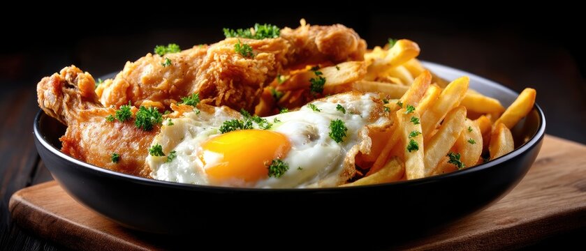 A bowl of poutine filled with chicken and fries sits on a wooden table beside a glass of orange juice, showcasing bright colors