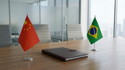 Miniature desktop flags representing China and Brazil stand ready on a polished wooden conference table for important bilateral talks.