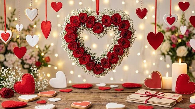 Romantic Valentines Day Heart Wreath with Cookies, Candles, and and Garland on Rustic Wood.