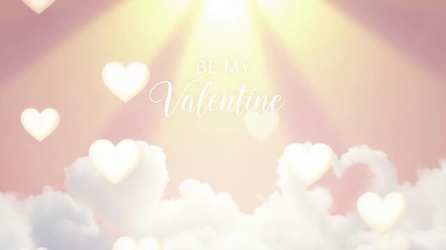 Valentine's Day cloud Heart and Shine: Gentle pink tones paint the sky, as heart-shaped clouds drift serenely. Soft light streams from above, illuminating a message of love and affection.