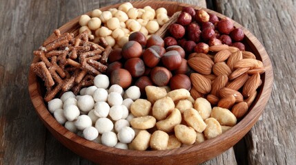Bowl contains a mix of nuts and crisp snacks placed on a rustic wooden table creating a simple food display
