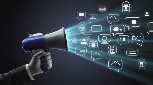 Hand in Suit Holding Megaphone Emitting Rays of Light with Communication Icons and Speech Bubbles image