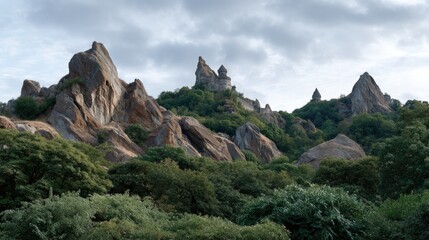 A rock formation stands tall with an ancient castle under a dramatic sky at sunset surrounded by green hills and vibrant foliage