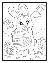 Cute Easter Bunny Coloring Page for Children. Friendly Rabbit Holding Decorated Egg Vector Illustration for Kids
