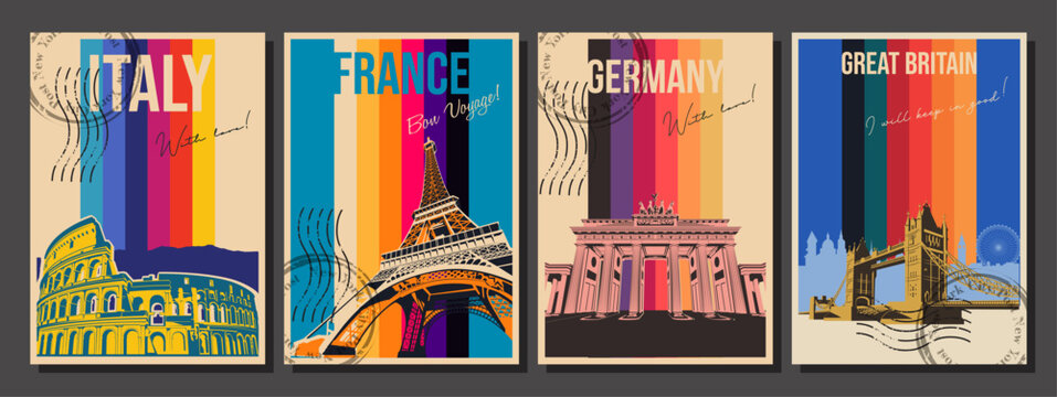 Italy Colosseum, France Eiffel Tower, Germany Triumphal Arch, Great Britain Tower Bridge Main Attractions Postcards, Vector Templates Retro Style Greeting Card Set, 1970s - 1980s Vintage Color Stripes