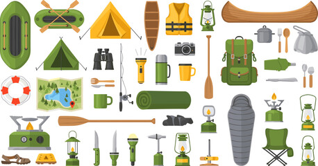 Ultimate outdoor adventure camping gear set with tents canoe hiking backpack and wilderness survival tools, © Saidi