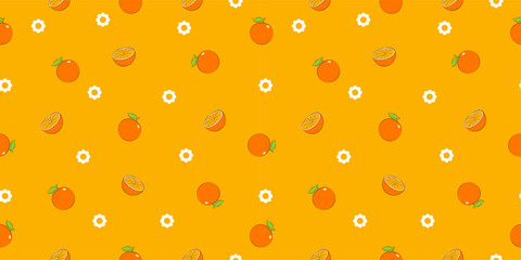 Seamless orange pattern with bright citrus illustrations on a cheerful background