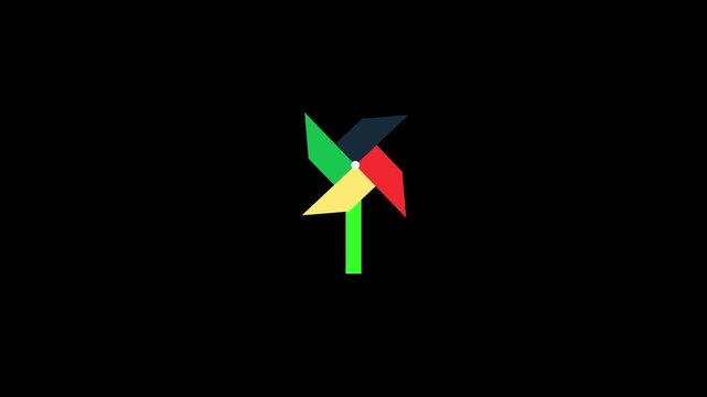 Colorful pinwheel windmill animation spinning on a clean black background.Playful and minimal motion graphic symbolizing wind energy, sustainability, and childhood joy. 4k video