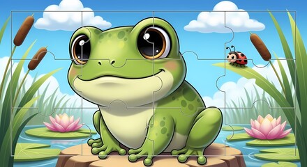 Fototapeta premium Adorable Cartoon Green Frog Sitting Peacefully on Rock in Pond Puzzle