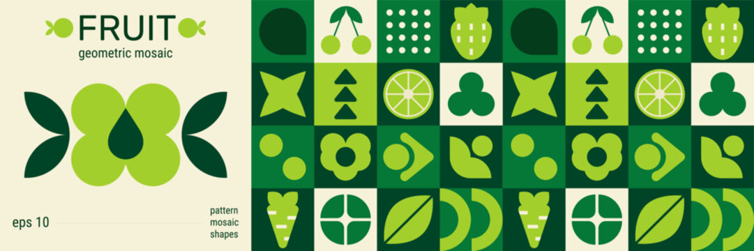 Geometric mosaic of fruits with vegetable shape and abstract leaf pattern.