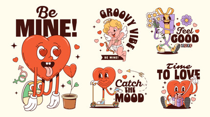 Fototapeta premium Valentine groovy characters love stickers with vector y2k hearts, gift and Cupid. Cartoon retro groovy mascot stickers of Valentine's Day hearts, romantic gift box with flowers and cute Cupid angel