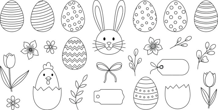 Collection of various black outline easter holiday elements featuring decorated eggs a cute bunny face a chick hatching from an egg flowers and decorative tags for crafting or coloring activities