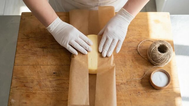 Soft cheese wrapped in paper on wooden table with dairy products and kitchen twine creating cozy, warm, natural food preparation atmosphere