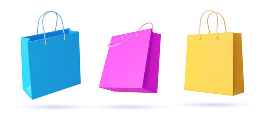 3d shopping bags. Blue, purple and yellow paper shop and gift bags. Realistic vector paper retail packages mockup with handles. Modern blank packaging mockup for purchase, online mall and merchandise
