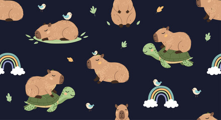 Obraz premium Whimsical dark pattern features capybaras riding on turtles or resting with small blue birds under clouds and rainbows.