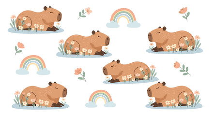 Fototapeta premium Sweet pattern features capybaras resting in grass patches decorated with small flowers and colorful rainbows on white.