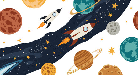 Fototapeta premium Educational space scene shows a dark starry path through the galaxy with rockets flying between colorful planets and stars.