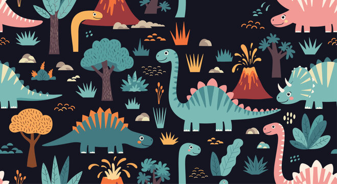 Prehistoric world pattern features various cute dinosaurs, erupting volcanoes, and tropical trees on a dark night background.