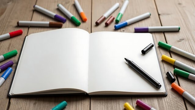 Blank notebook with colorful markers scattered.