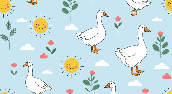 Farm life pattern illustrates white geese standing among green plants, red flowers, and smiling suns on a blue background.