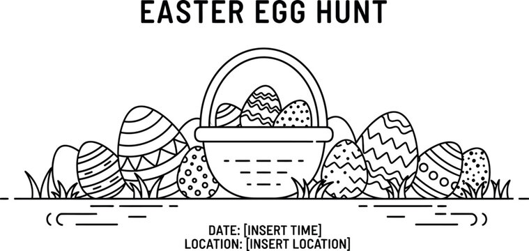 Minimalist black and white line art graphic featuring an inviting basket filled with decorated eggs ready for a fun outdoor easter egg hunt event invitation template design