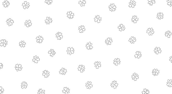 Subtle and elegant seamless pattern of small hand drawn black and white flower outlines scattered across a bright white background surface.