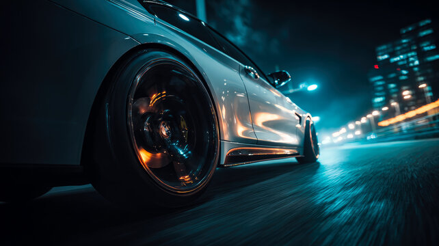 A polished sport car speeds along a sleek highway  at night with reflections from nearby city lights adding to its aerodynamic appeal.