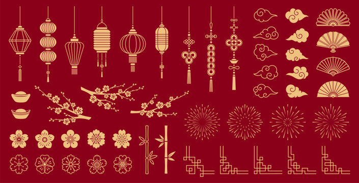 Asian Lunar New Year design elements of Oriental Chinese, Korean and Japanese ornaments, vector decorations. Chinese frames and design elements of lanterns and lucky knots, bamboo and golden ingots