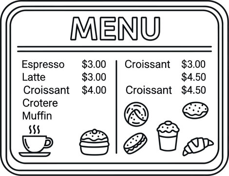 Black and white line art illustration depicting a stylized cafe menu board listing various coffee and pastry items with corresponding prices for easy customer reference.