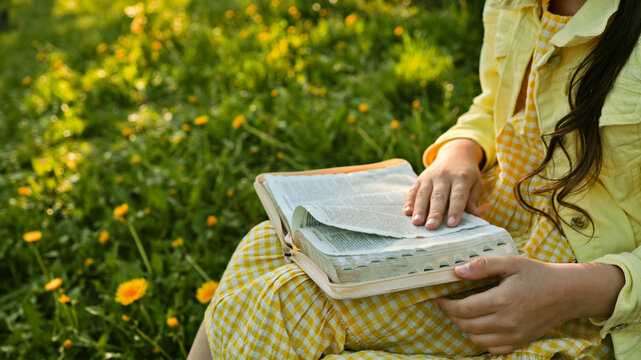 Young girl in yellow dress reading a book in a sunny meadow with dandelions