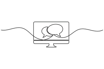 Fototapeta premium Desktop monitor with speech bubbles continuous one line art style online communication