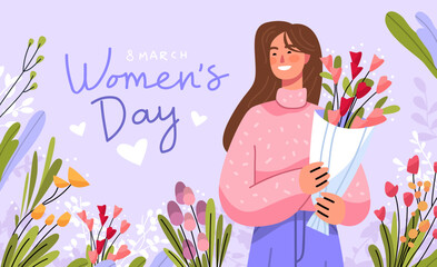 8 March womens day smiling woman holding bouquet surrounded by colorful spring flowers and plants on pastel background celebration concept
