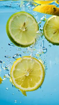 Vibrant Citrus Slices Diving into Clear Water, Creating Bubbling Bubbles and Refreshing Visuals in an Underwater Scene of Lemons and Limes